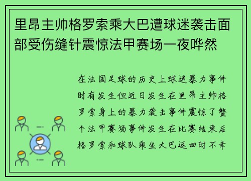 里昂主帅格罗索乘大巴遭球迷袭击面部受伤缝针震惊法甲赛场一夜哗然 里昂主帅格罗索乘大巴遭球迷袭击面部受伤缝针震惊法甲赛场一夜哗然